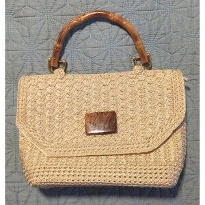 Christian Livingston Ivory Woven Handbag Bamboo Handle Tortoise Shell Accent